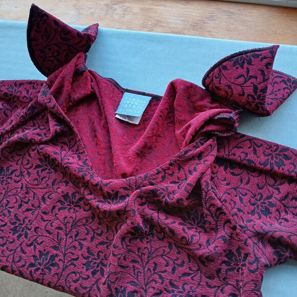 Rabbit Designs Vintage 80s Floral Blouse 10M long sleeve red black shoulder pads - Picture 9 of 16